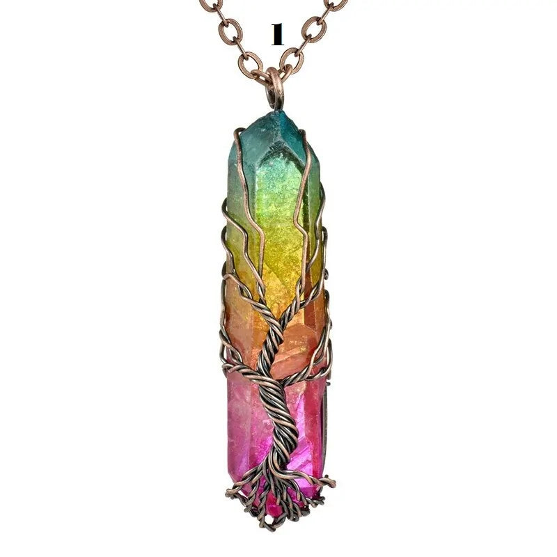 Rainbow Stone Tree of Life Pendant Necklace