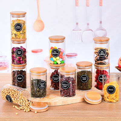 12 Pcs Round Spice Jars With Bamboo Lids And Stickers, Glass Storage Jars, Candy Jars, Coffee Jars, Salt Jars, Pepper Jars, Tea Jars